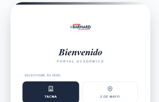 Pantalla de bienvenida del portal de asistencia de Academia Barnard, con el selector de sede Tacna y 2 de Mayo