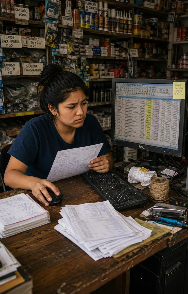 Trabajadora de una ferretería revisa una hoja de cálculo en la computadora, rodeada de pilas de papeles y estantes de clavos y tornillos