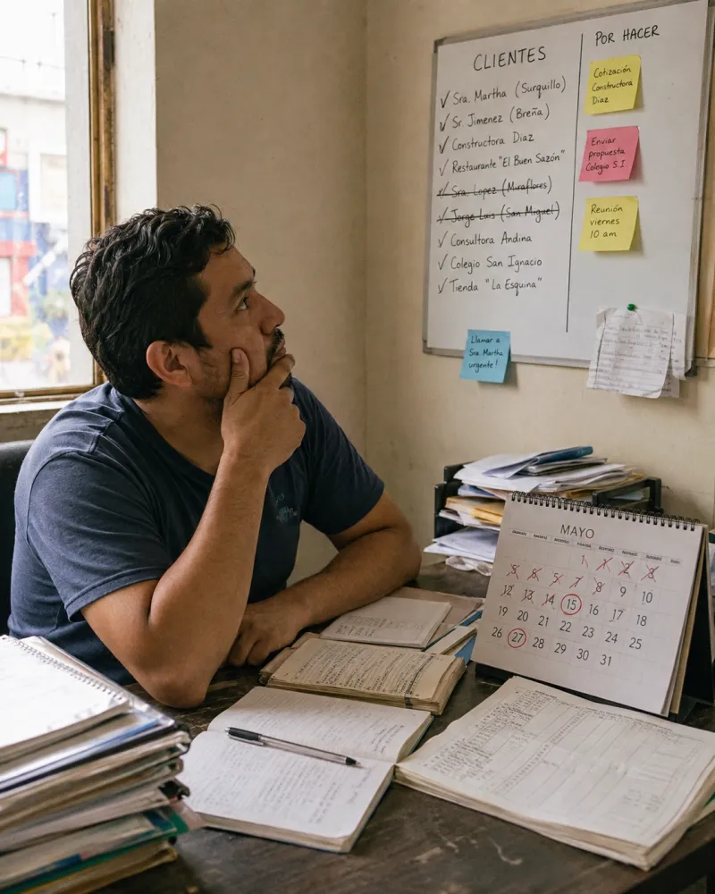 Dueño de una empresa de servicios piensa frente a sus cuadernos y una pizarra con la lista de clientes y pendientes