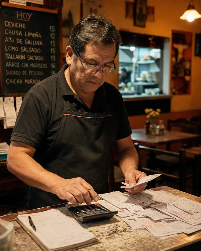 Dueño de un restaurante suma las boletas del día con una calculadora sobre el mostrador, frente a la pizarra del menú