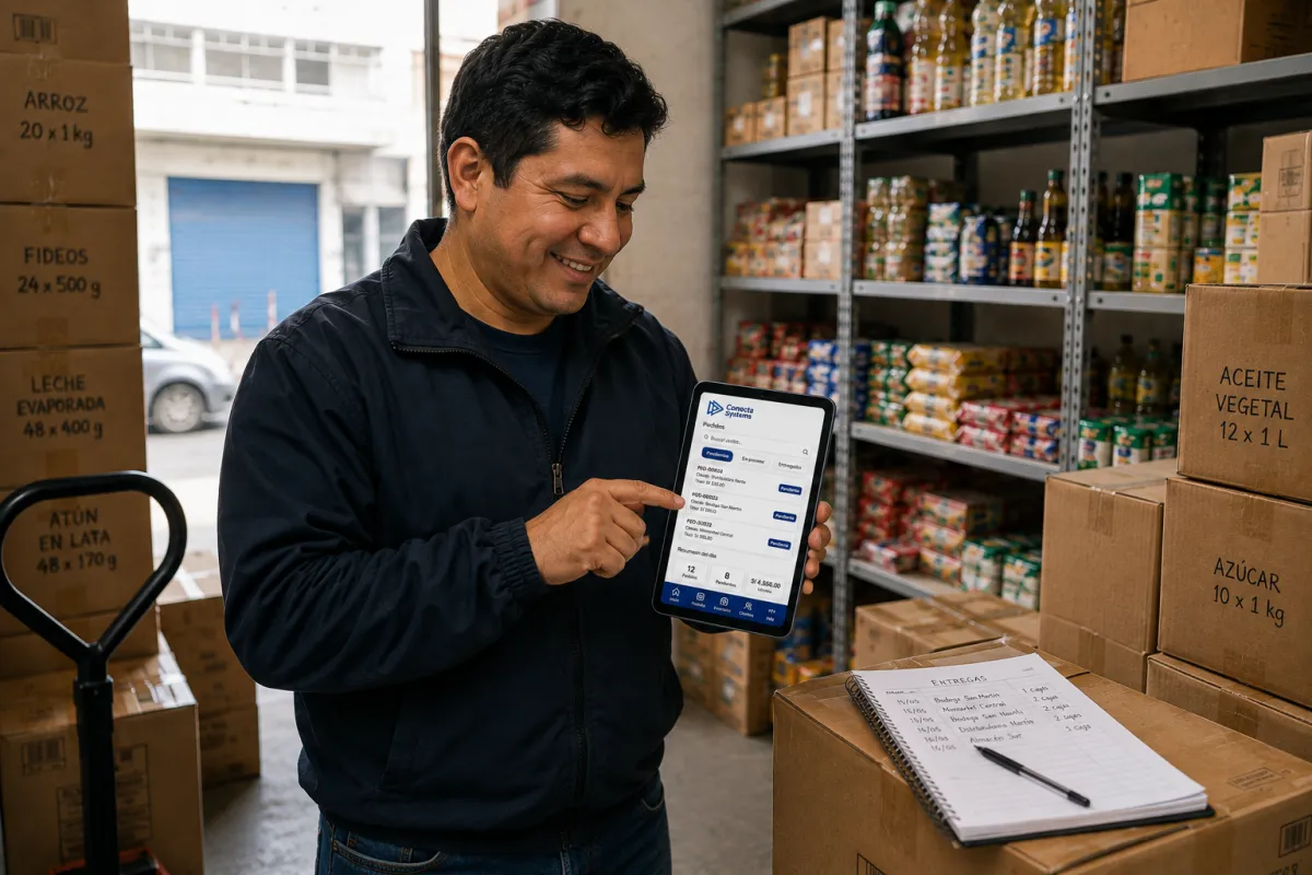 Dueño de una distribuidora revisa los pedidos del día en una tablet, entre cajas de arroz, aceite y azúcar de su almacén