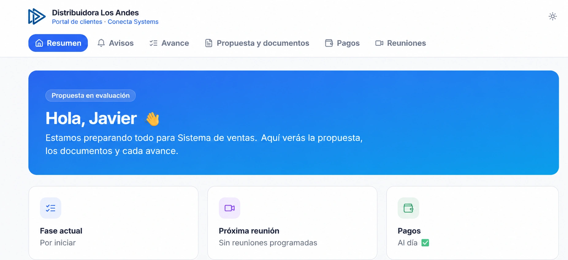 Panel de Horizons mostrando el portal de un cliente, con el estado de su propuesta, la fase actual del proyecto, la próxima reunión y el estado de pagos